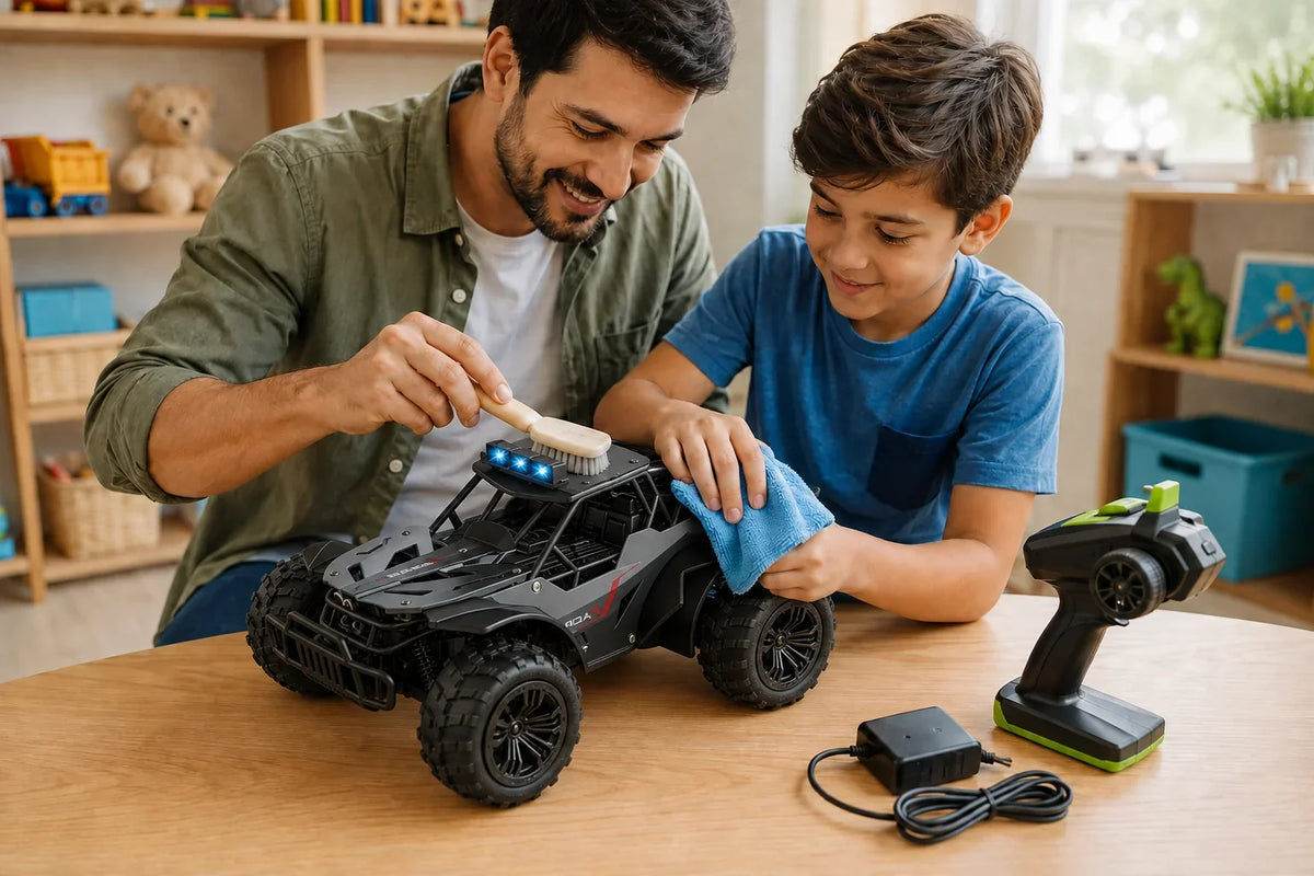 Pai e filho cuidando de um Monster Truck de controle remoto MoveBrinca