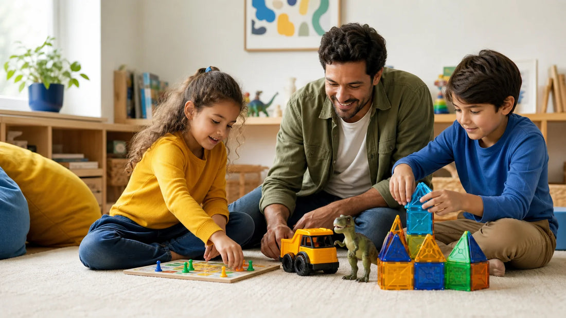 Família escolhendo brinquedos para crianças de 3 a 8 anos