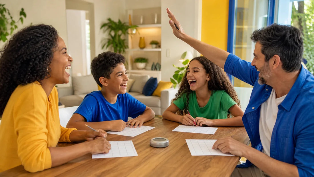 Família jogando Stop de palavras em casa