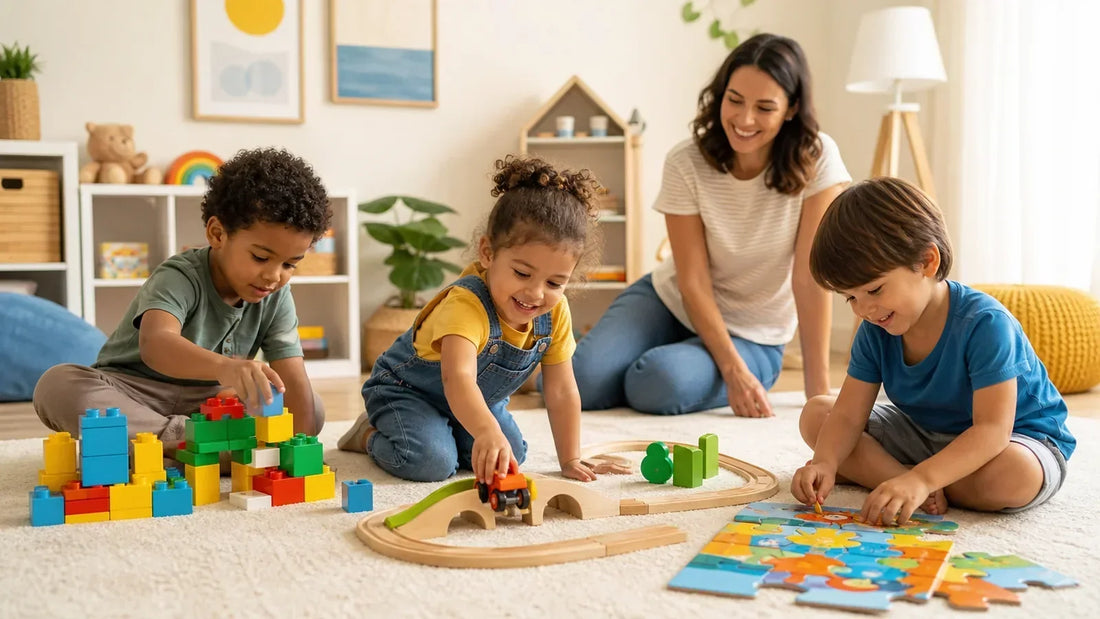 Crianças de 3 a 5 anos brincando com blocos, pista e quebra-cabeça com supervisão de um adulto