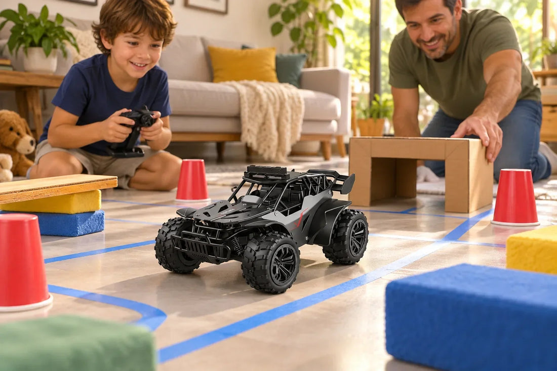 Criança e adulto montam pista de obstáculos com um carrinho Monster Truck preto e cinza no chão de casa