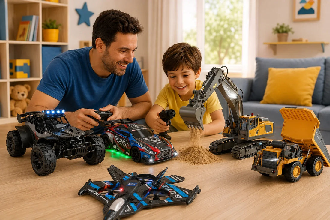 Carros, máquinas de construção e avião de controle remoto para presentear