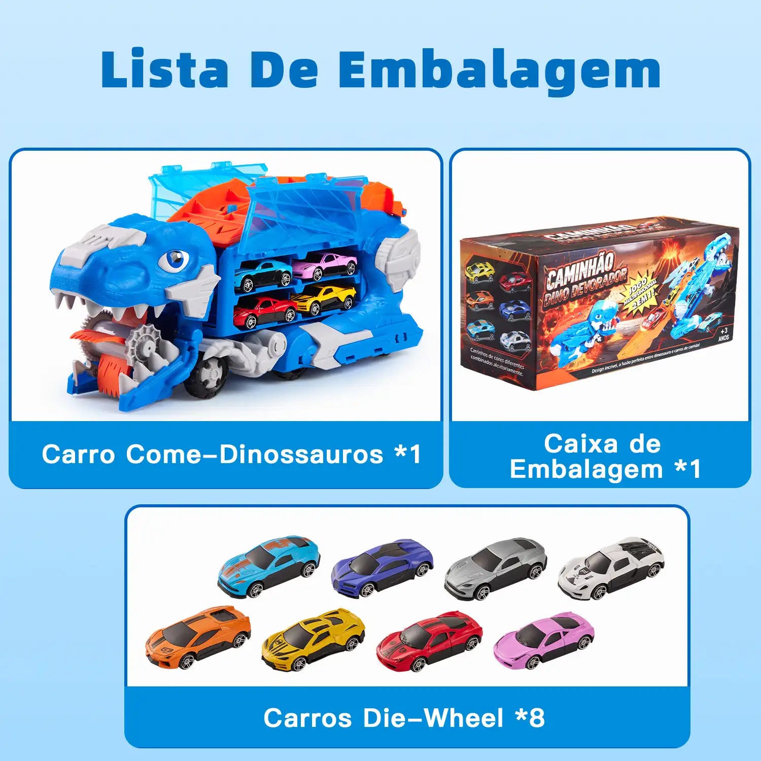Caminhão Dinossauro Pista Com Carrinhos Cor Azul