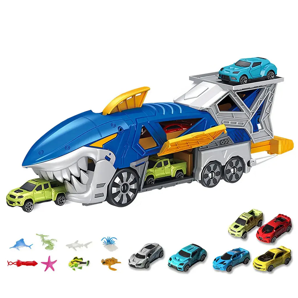 Caminhão Tubarão de Brinquedo com Pista e 6 Carrinhos