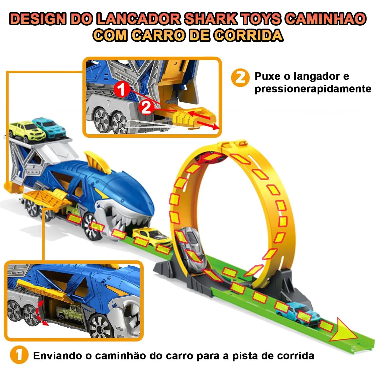 Caminhão Tubarão de Brinquedo com Pista e 6 Carrinhos