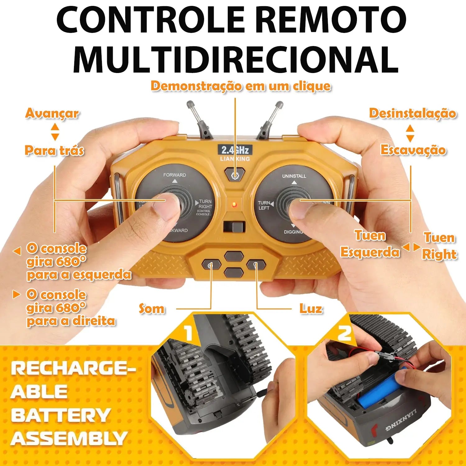 Escavadeira de Controle Remoto 1:16 com Pá de Metal e Luzes