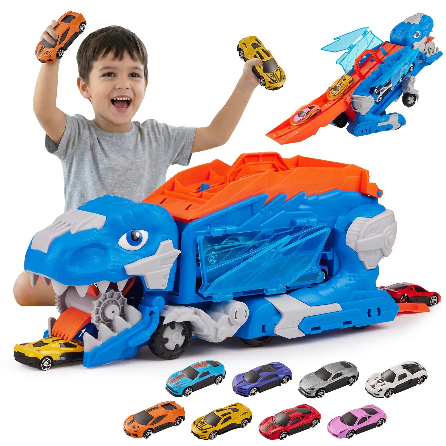 Caminhão Dinossauro Pista Com Carrinhos Cor Azul