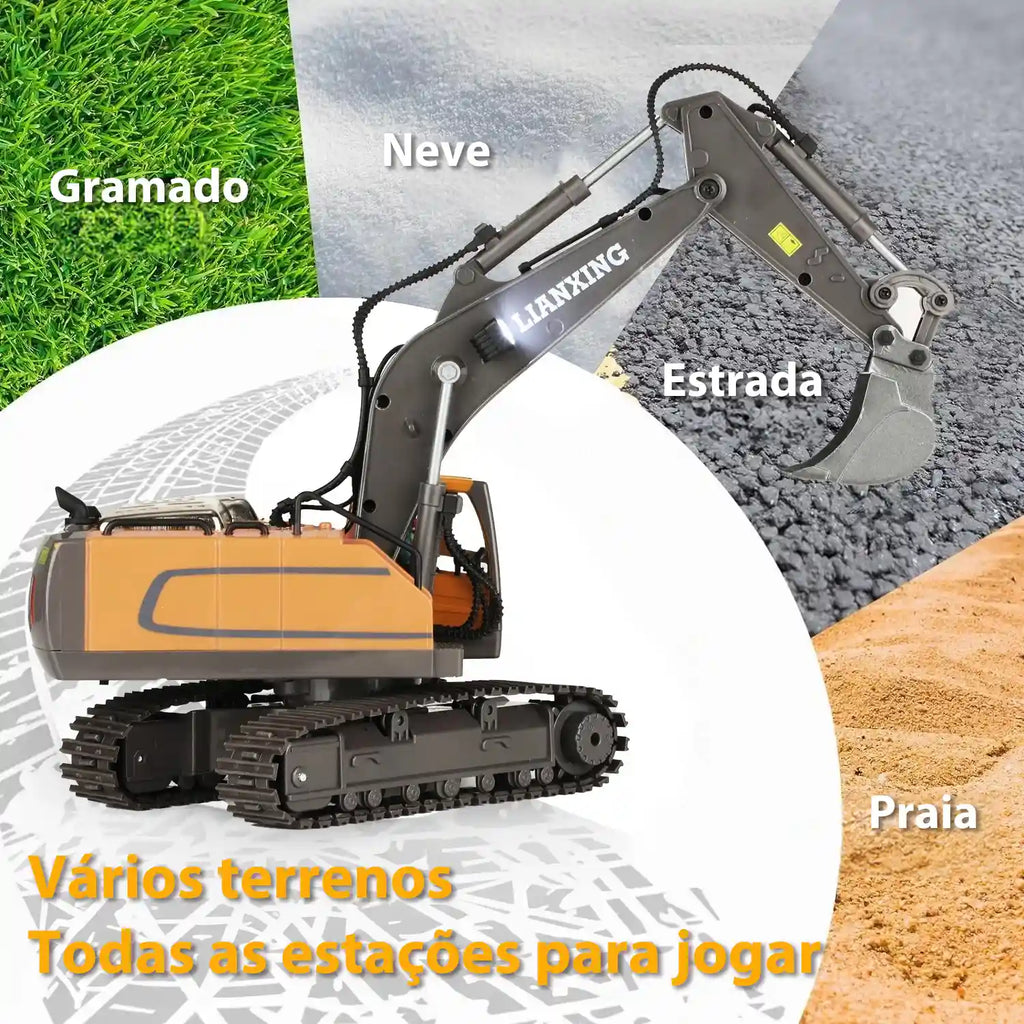 Escavadeira de Controle Remoto 1:16 com Pá de Metal e Luzes