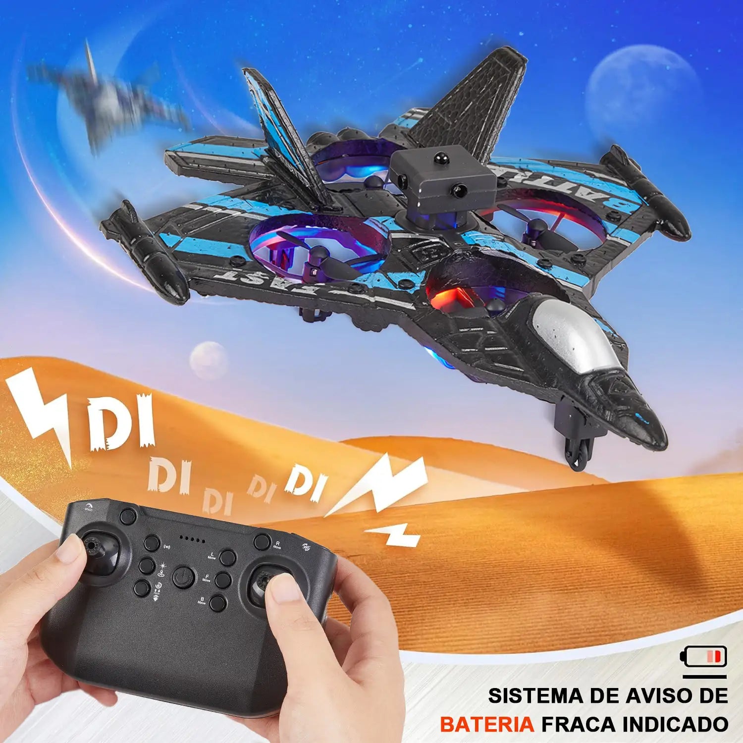 Avião de Controle Remoto Caça RC Jet com LED e Giro 360°