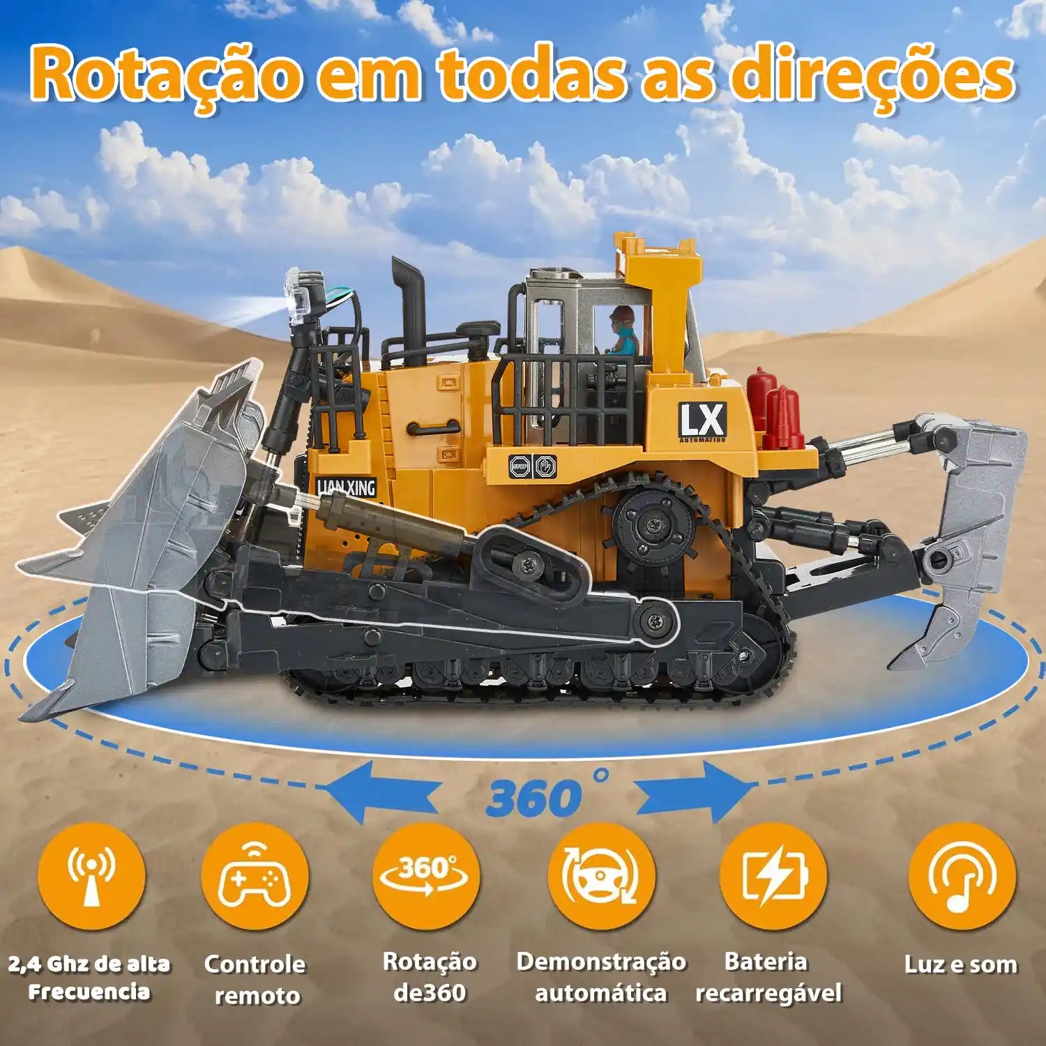 Trator Escavadeira de Controle Remoto 9 Canais 2.4GHz