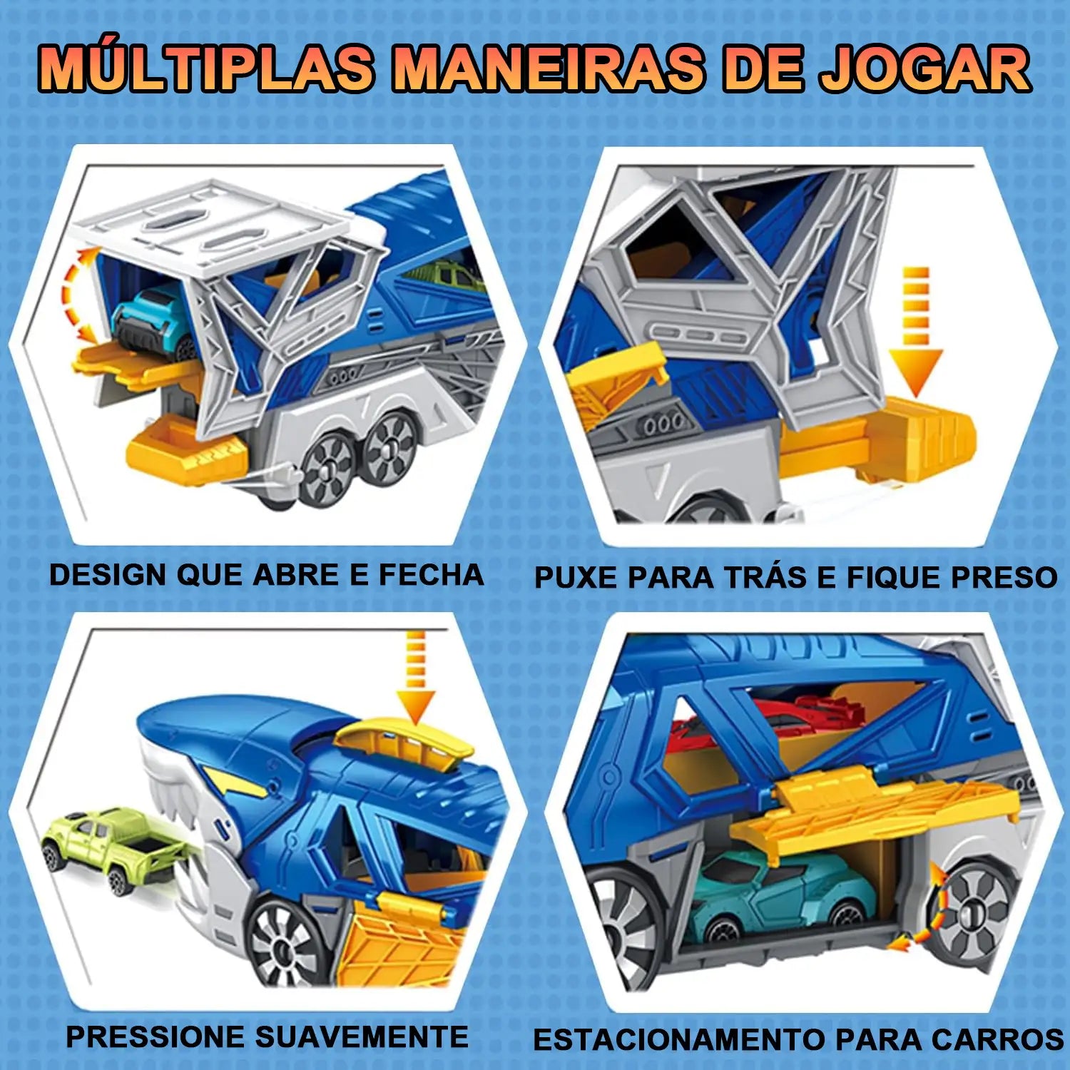 Caminhão Tubarão de Brinquedo com Pista e 6 Carrinhos