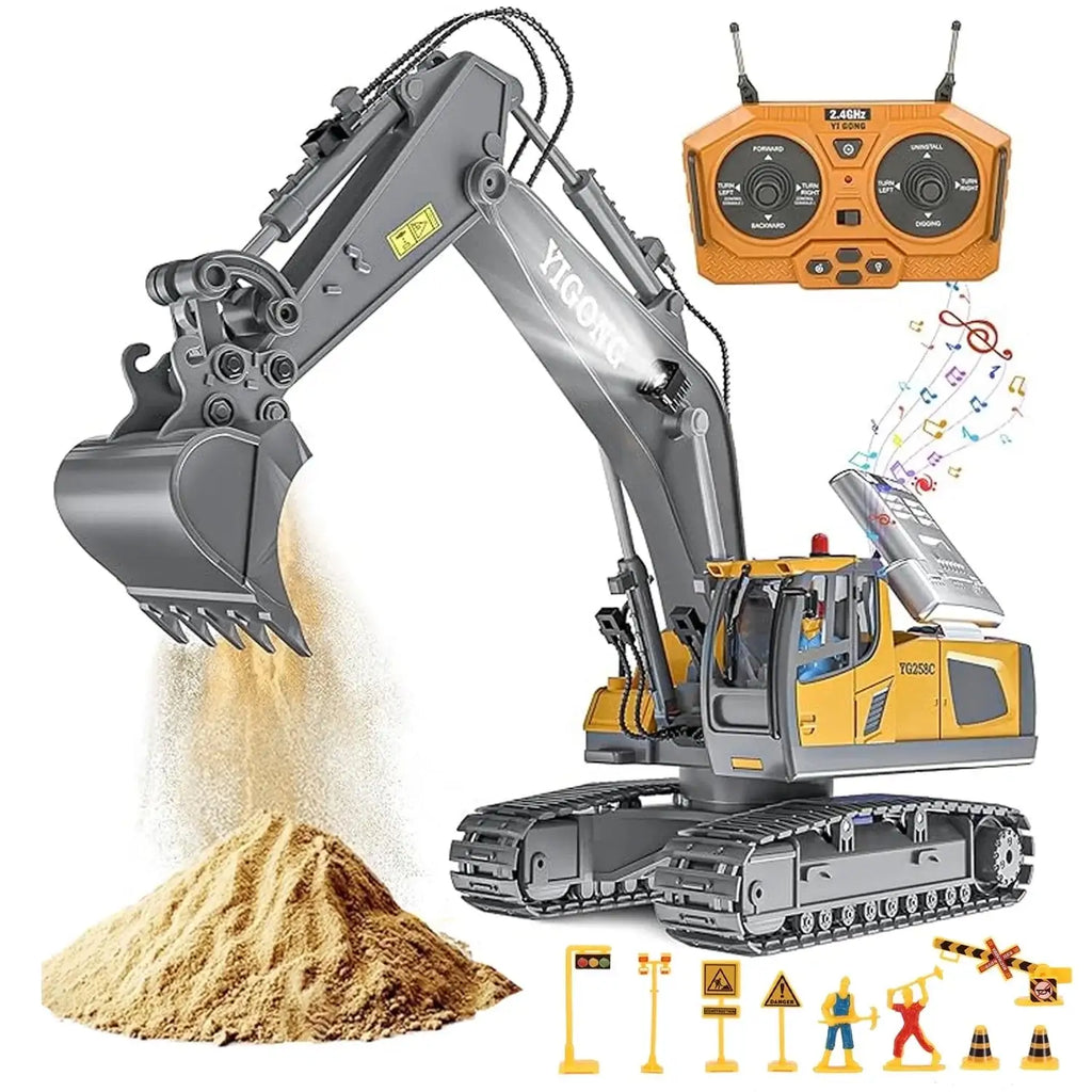 Escavadeira de Controle Remoto 1:16 com Pá de Metal e Luzes