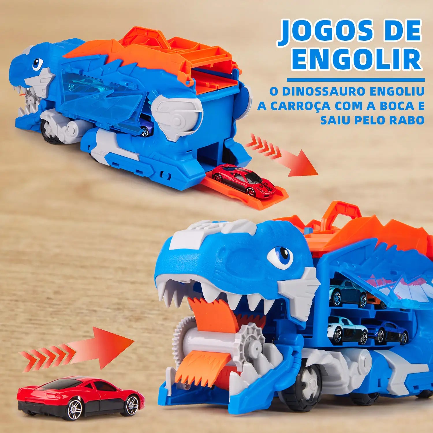 Caminhão Dinossauro Pista Com Carrinhos Cor Azul