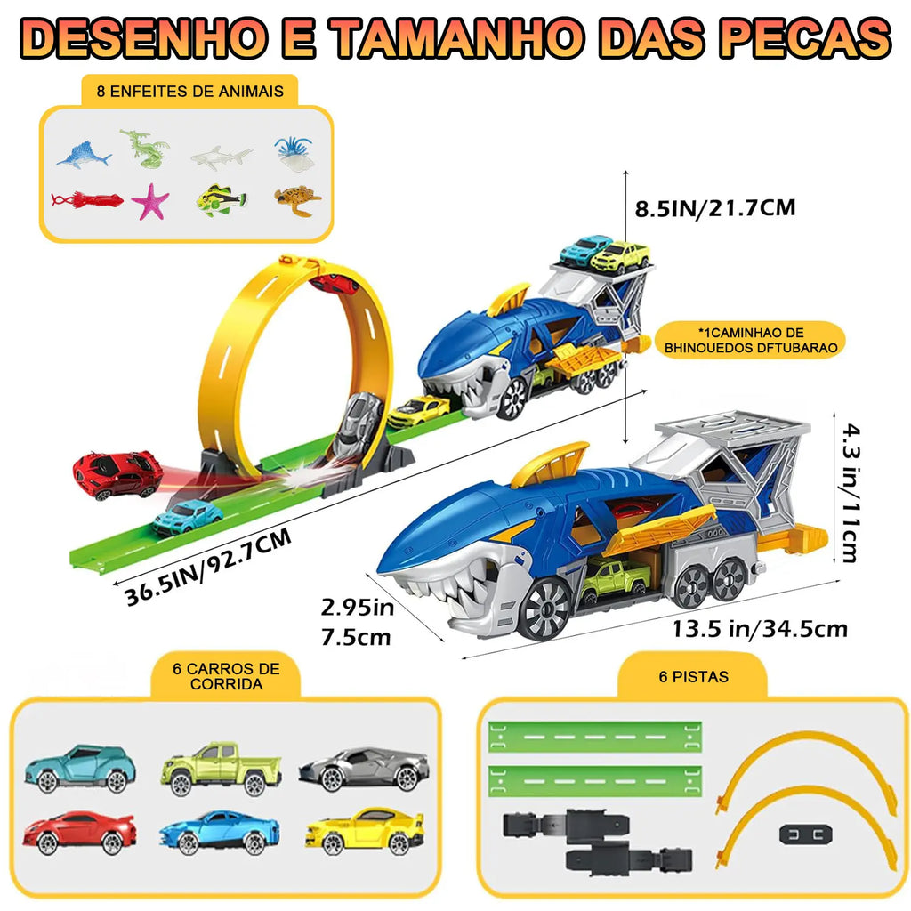 Caminhão Tubarão de Brinquedo com Pista e 6 Carrinhos