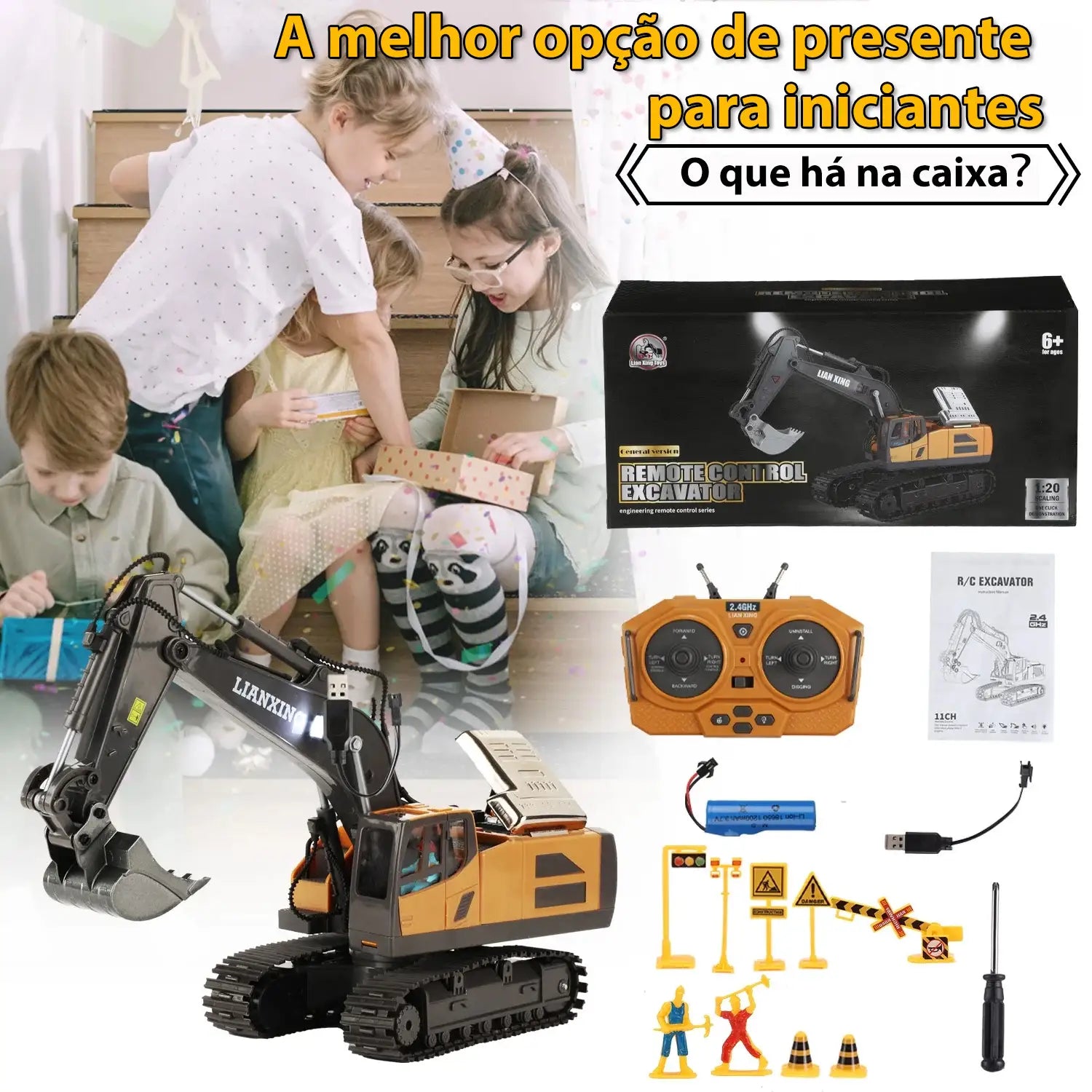 Escavadeira de Controle Remoto 1:16 com Pá de Metal e Luzes