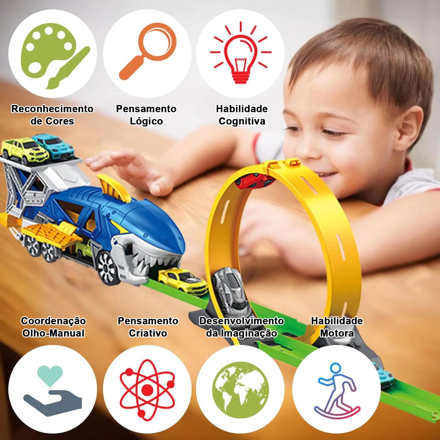 Caminhão Tubarão de Brinquedo com Pista e 6 Carrinhos