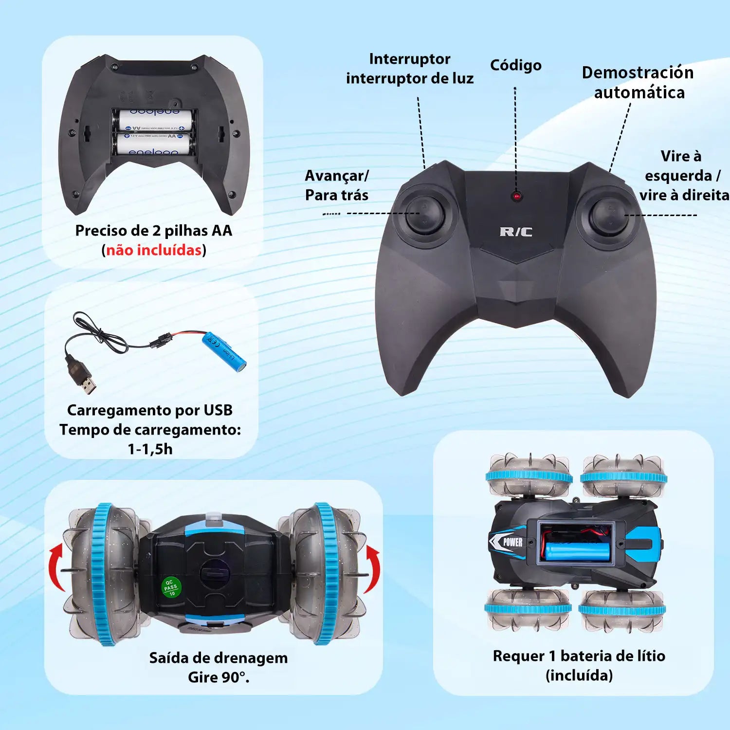 Carro de Controle Remoto Anfíbio com Luzes LED