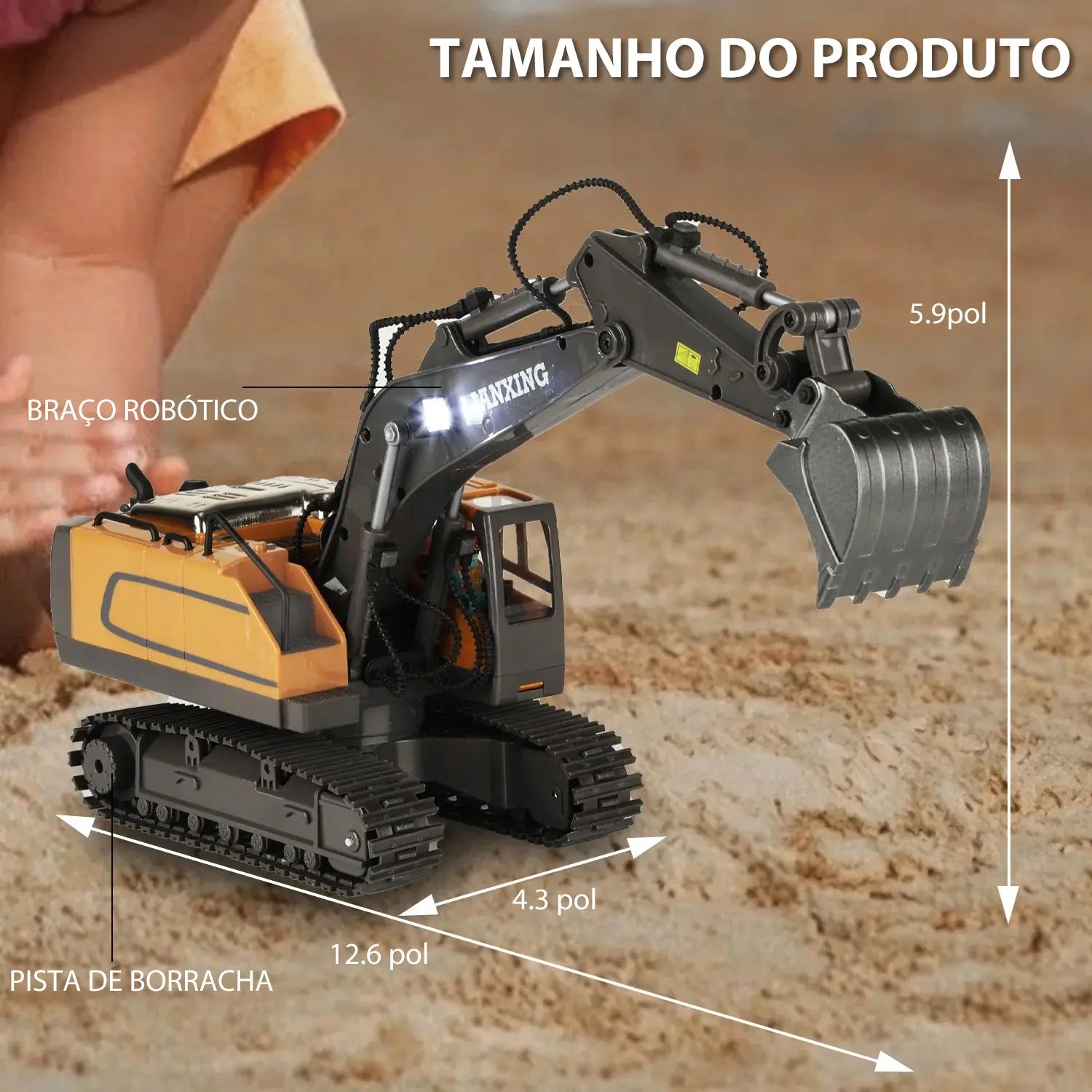 Escavadeira de Controle Remoto 1:16 com Pá de Metal e Luzes