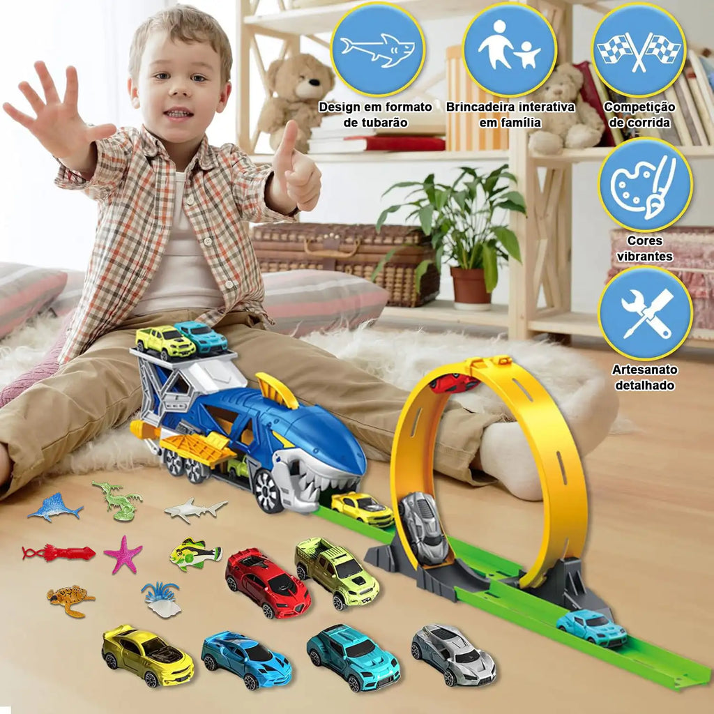 Caminhão Tubarão de Brinquedo com Pista e 6 Carrinhos