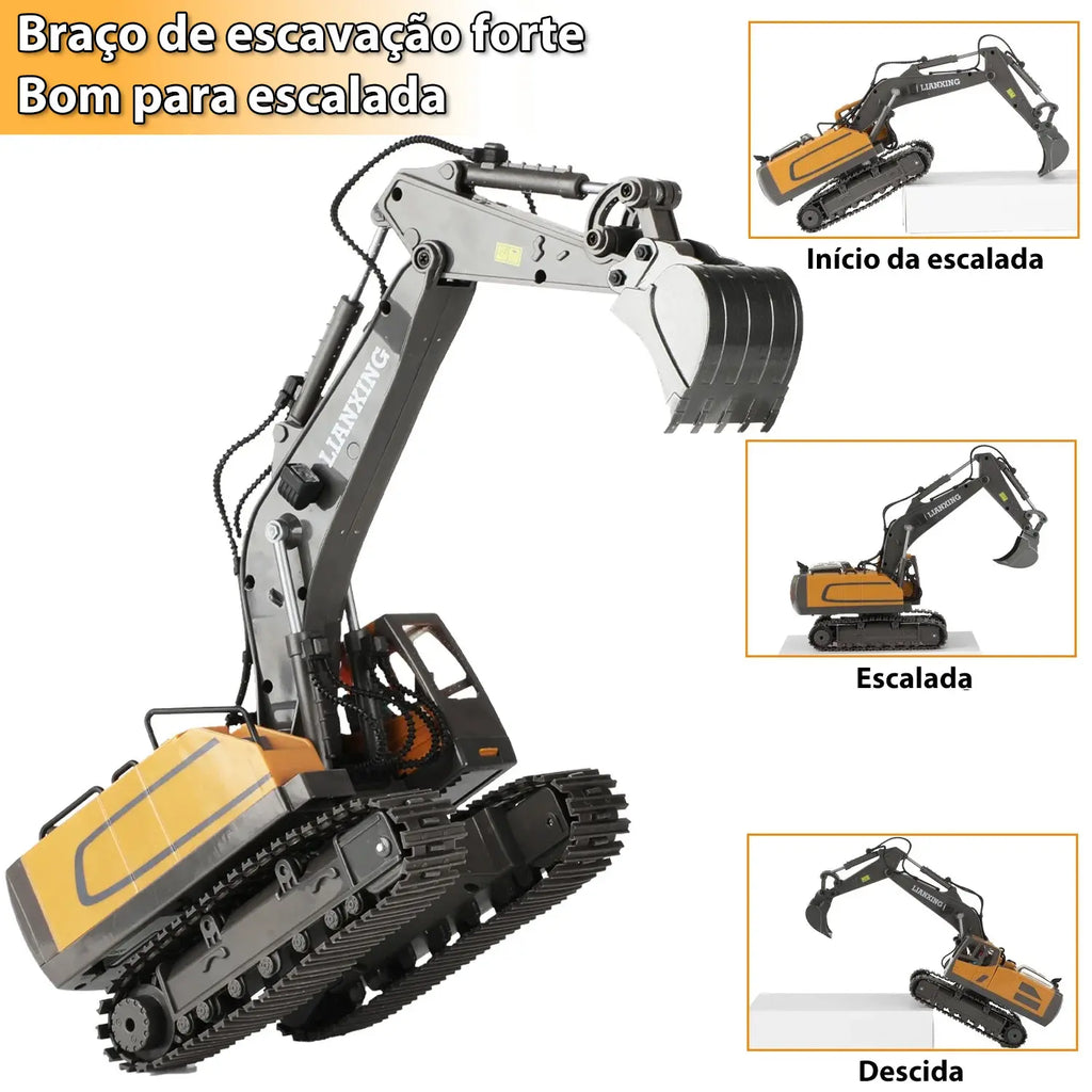Escavadeira de Controle Remoto 1:16 com Pá de Metal e Luzes