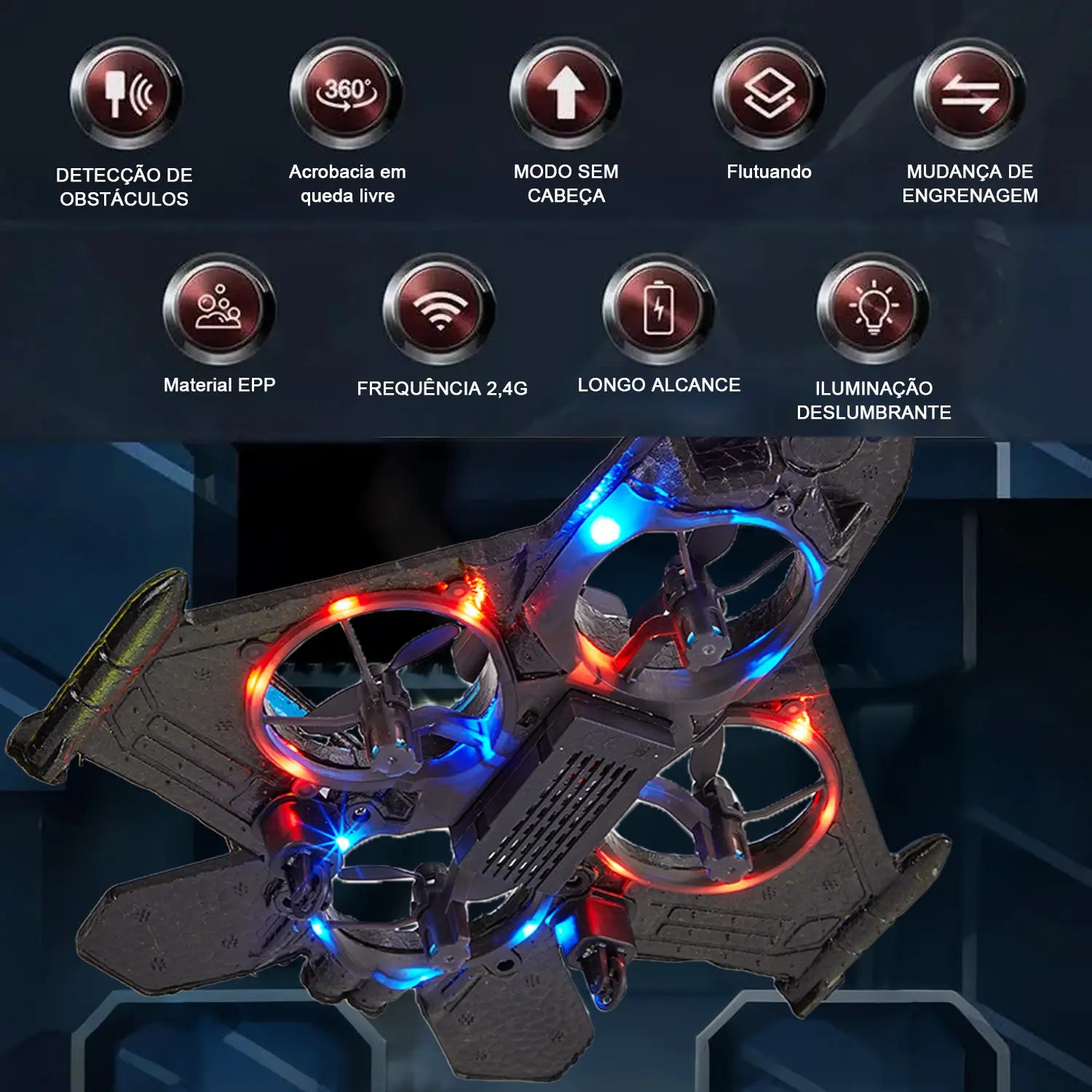 Avião de Controle Remoto Caça RC Jet com LED e Giro 360°