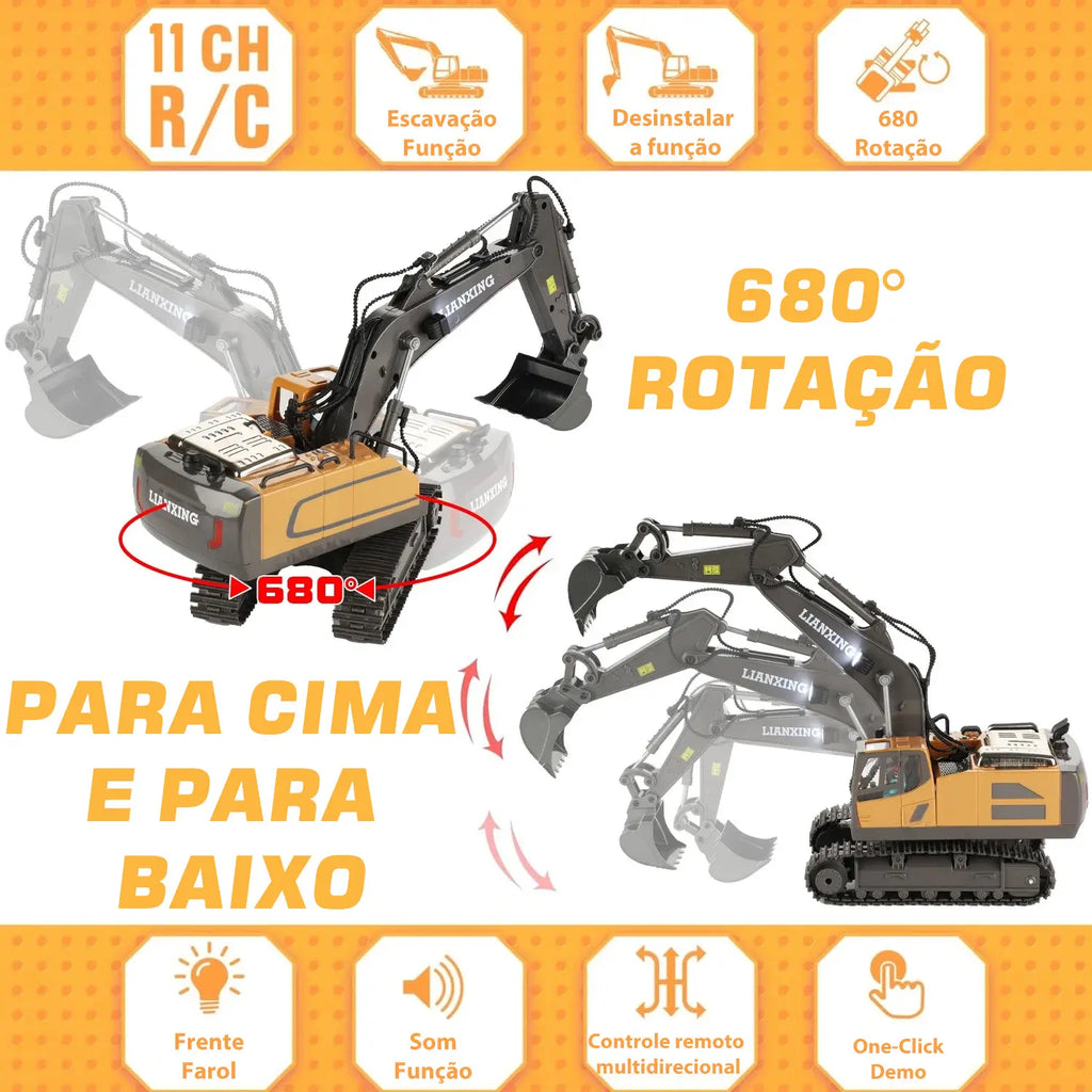 Escavadeira de Controle Remoto 1:16 com Pá de Metal e Luzes