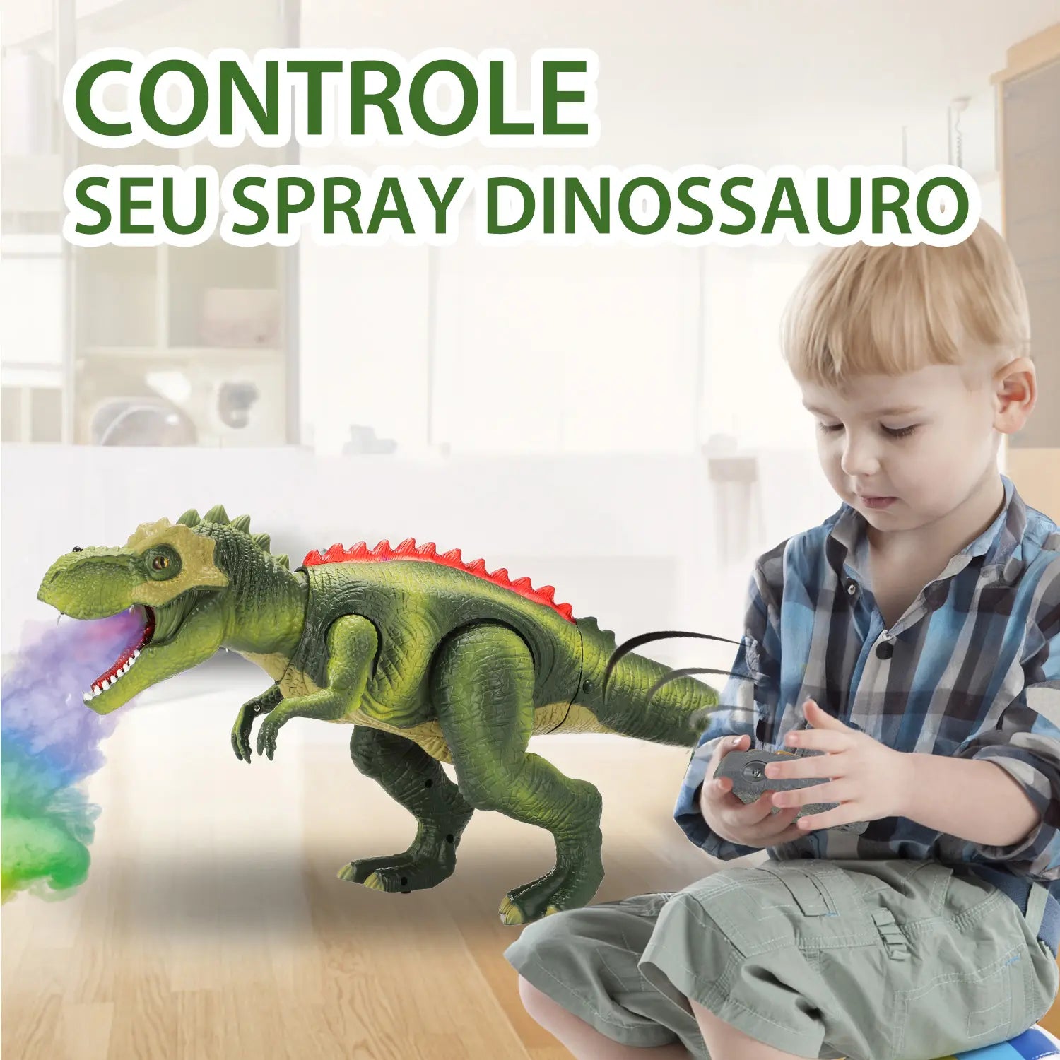 Dinossauro Robô com Controle Remoto, Spray e Luz LED