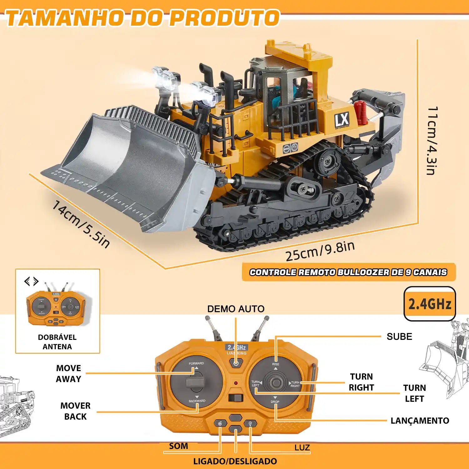Trator Escavadeira de Controle Remoto 9 Canais 2.4GHz