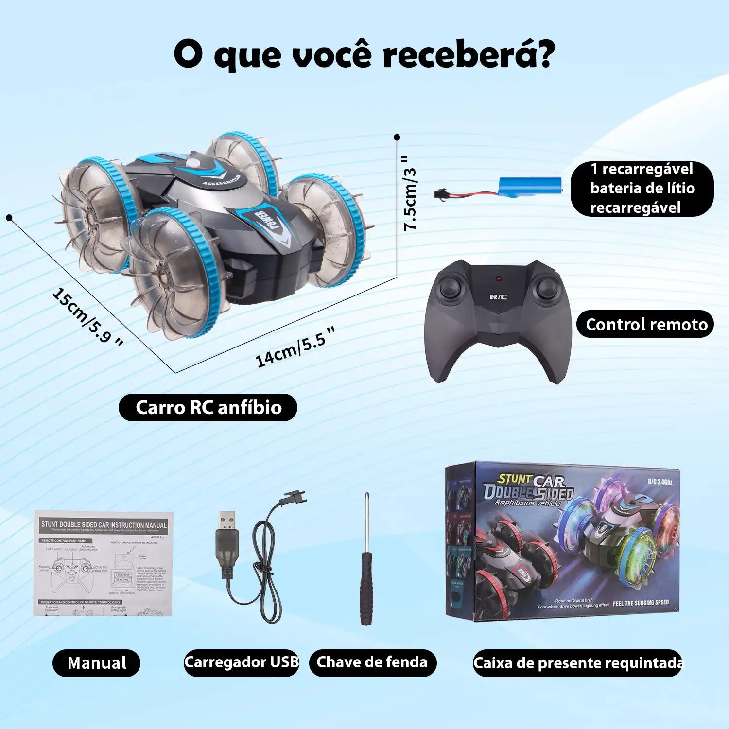 Carro de Controle Remoto Anfíbio com Luzes LED