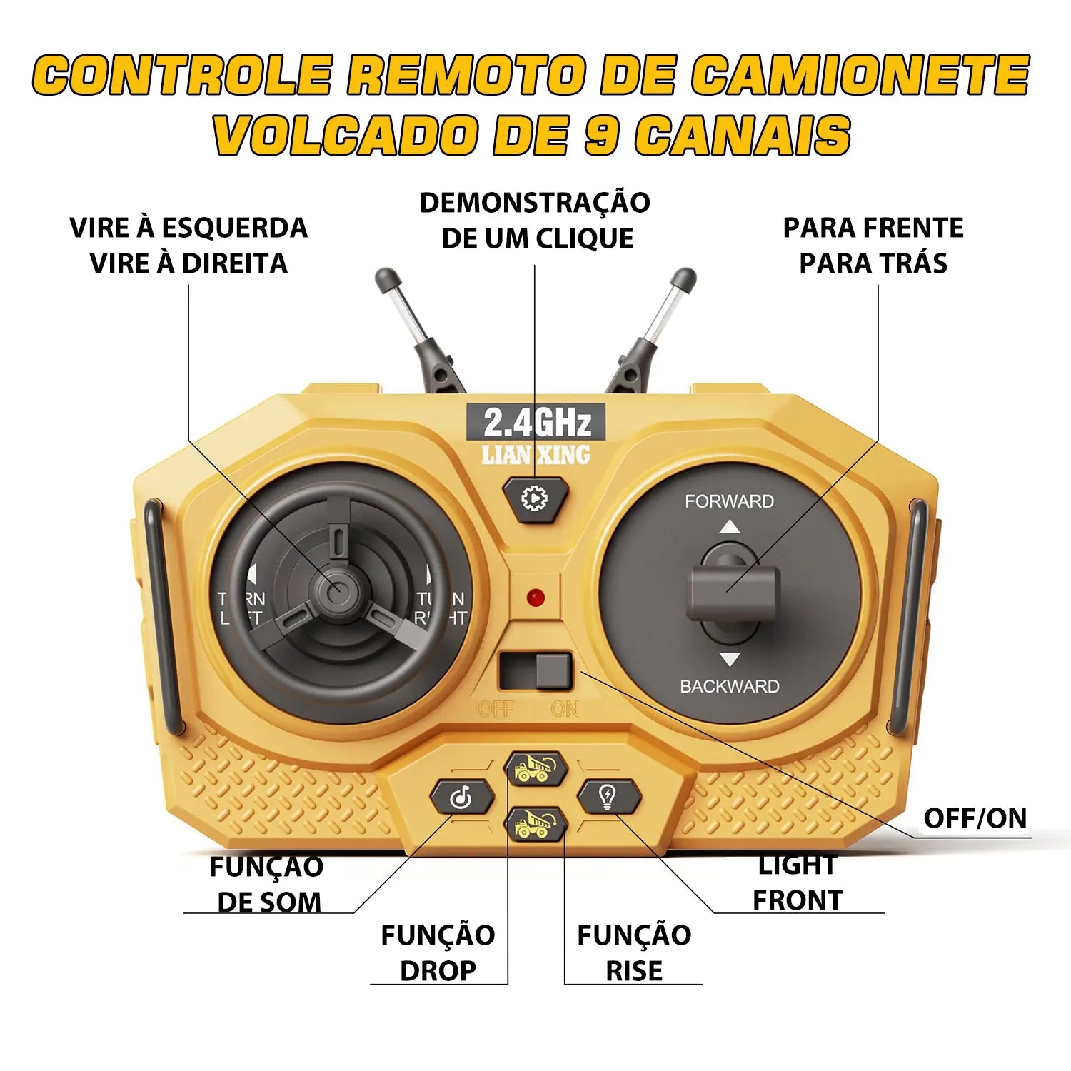 Caminhão de Controle Remoto Amarelo com Luzes e Sons