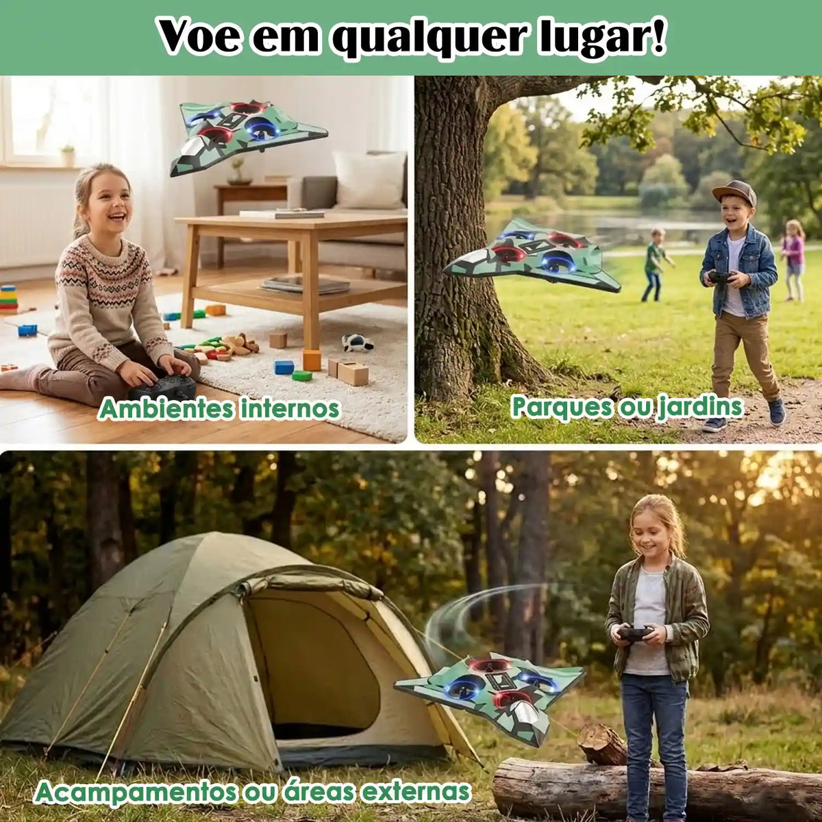 Avião de controle remoto verde em cenas ilustrativas de uso dentro de casa, no parque e em acampamento.