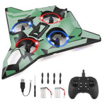 Avião de controle remoto verde com aeronave, controle, duas baterias, hélices e cabo USB sobre fundo branco.
