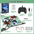Avião de controle remoto verde com caixa, manual, controle, cabo USB, chave, baterias e hélices organizados.