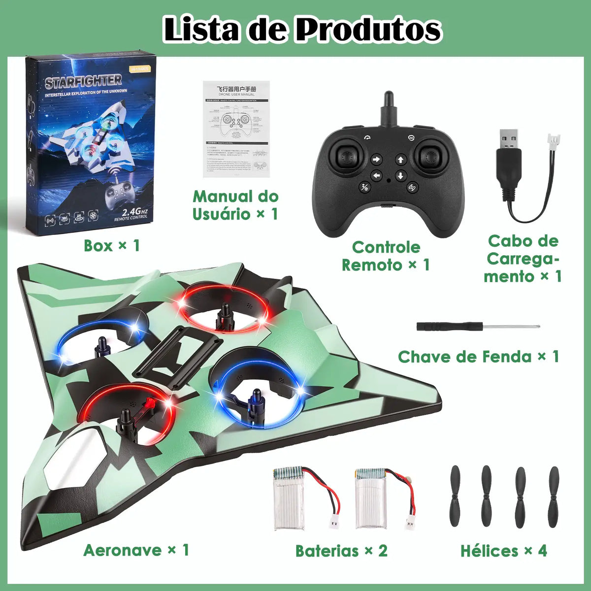 Avião de controle remoto verde com caixa, manual, controle, cabo USB, chave, baterias e hélices organizados.