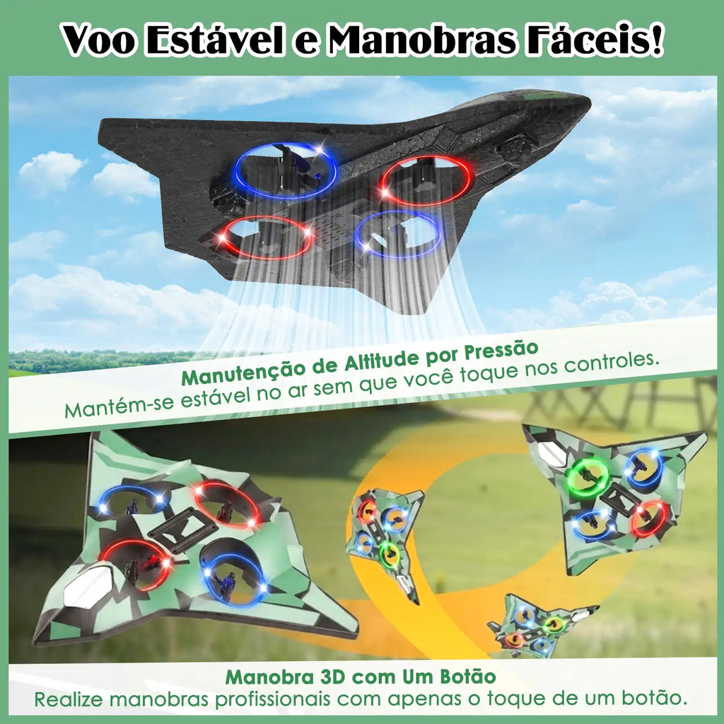 Avião de controle remoto verde visto em diferentes posições de voo e manobra contra um céu azul.