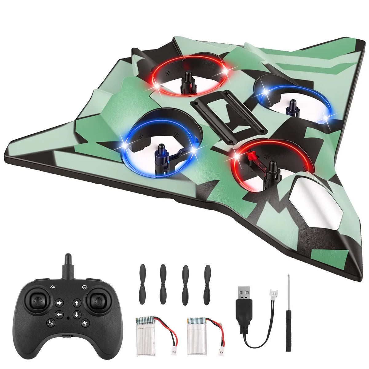 Avião de controle remoto verde com controle, duas baterias, hélices, cabo USB e chave sobre fundo branco.