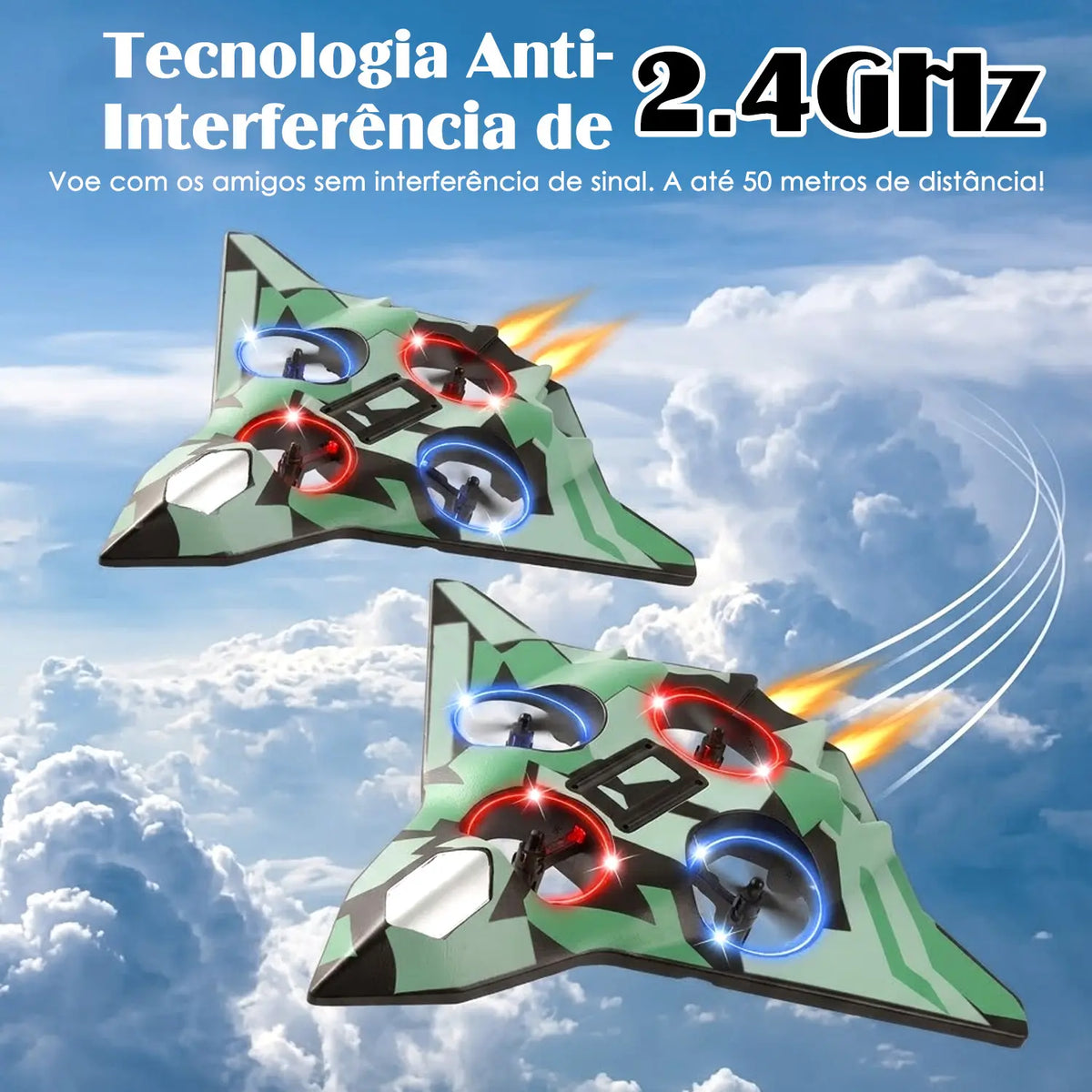 Avião de controle remoto verde com duas aeronaves em voo e indicação visual de transmissão por controle.