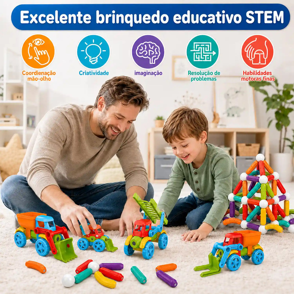 Blocos magnéticos de 83 peças com adulto e criança montando veículos e estruturas em ambiente interno.
