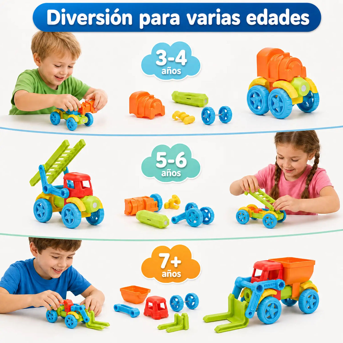 Blocos magnéticos de 83 peças em três cenas de montagem com veículos coloridos e peças magnéticas soltas.