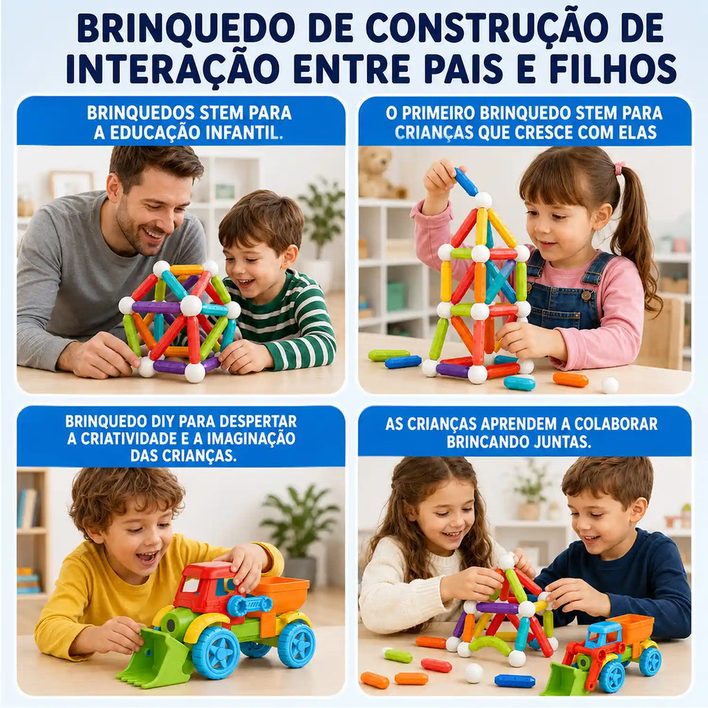 Blocos magnéticos de 83 peças em quatro cenas de adultos e crianças montando veículos e estruturas coloridas.