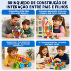 Blocos magnéticos de 83 peças em quatro cenas de adultos e crianças montando veículos e estruturas coloridas.