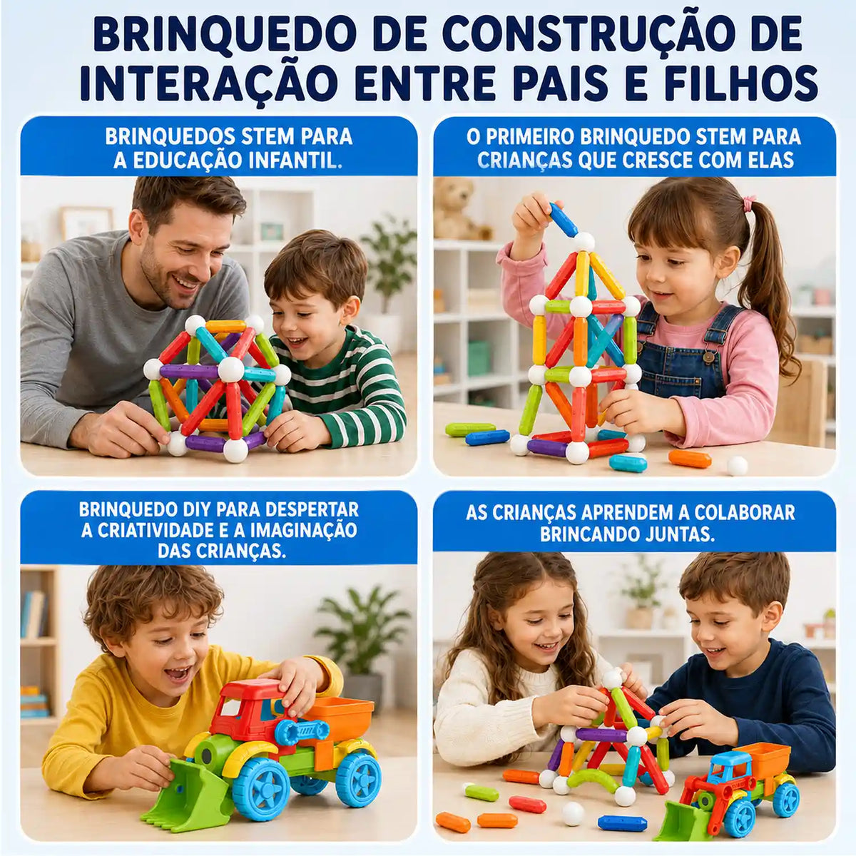 Blocos magnéticos de 83 peças em quatro cenas de adultos e crianças montando veículos e estruturas coloridas.