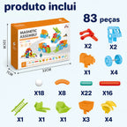 Blocos magnéticos de 83 peças com caixa e componentes coloridos organizados em uma lista visual do conjunto.