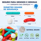 Blocos magnéticos de 83 peças com peças curvas e retas coloridas, medidas visíveis e detalhes ampliados.