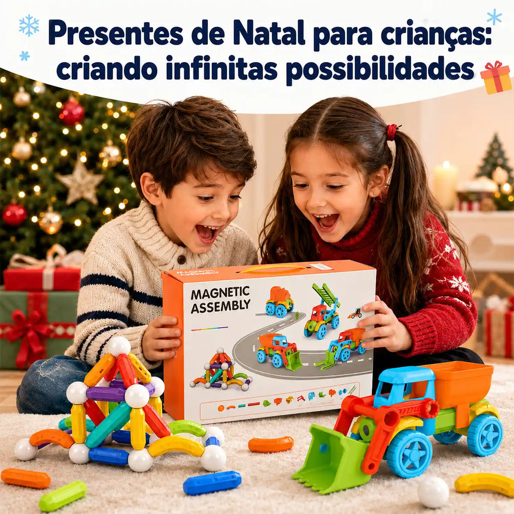Blocos magnéticos de 83 peças com duas crianças abrindo a caixa e veículos montados em cenário natalino.