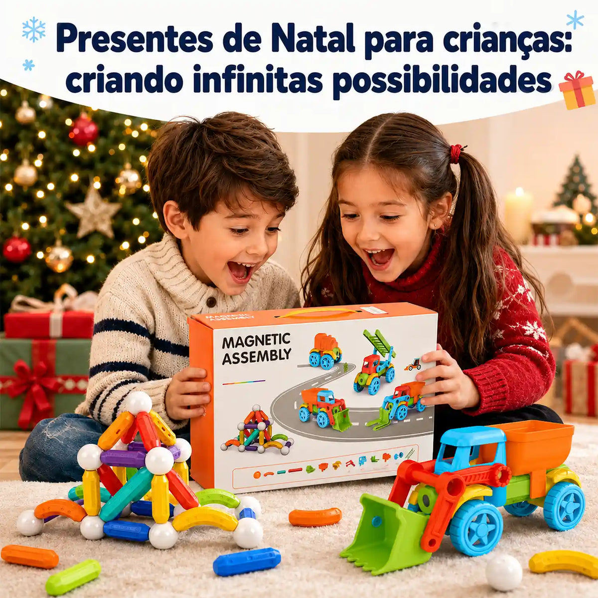 Blocos magnéticos de 83 peças com duas crianças abrindo a caixa e veículos montados em cenário natalino.