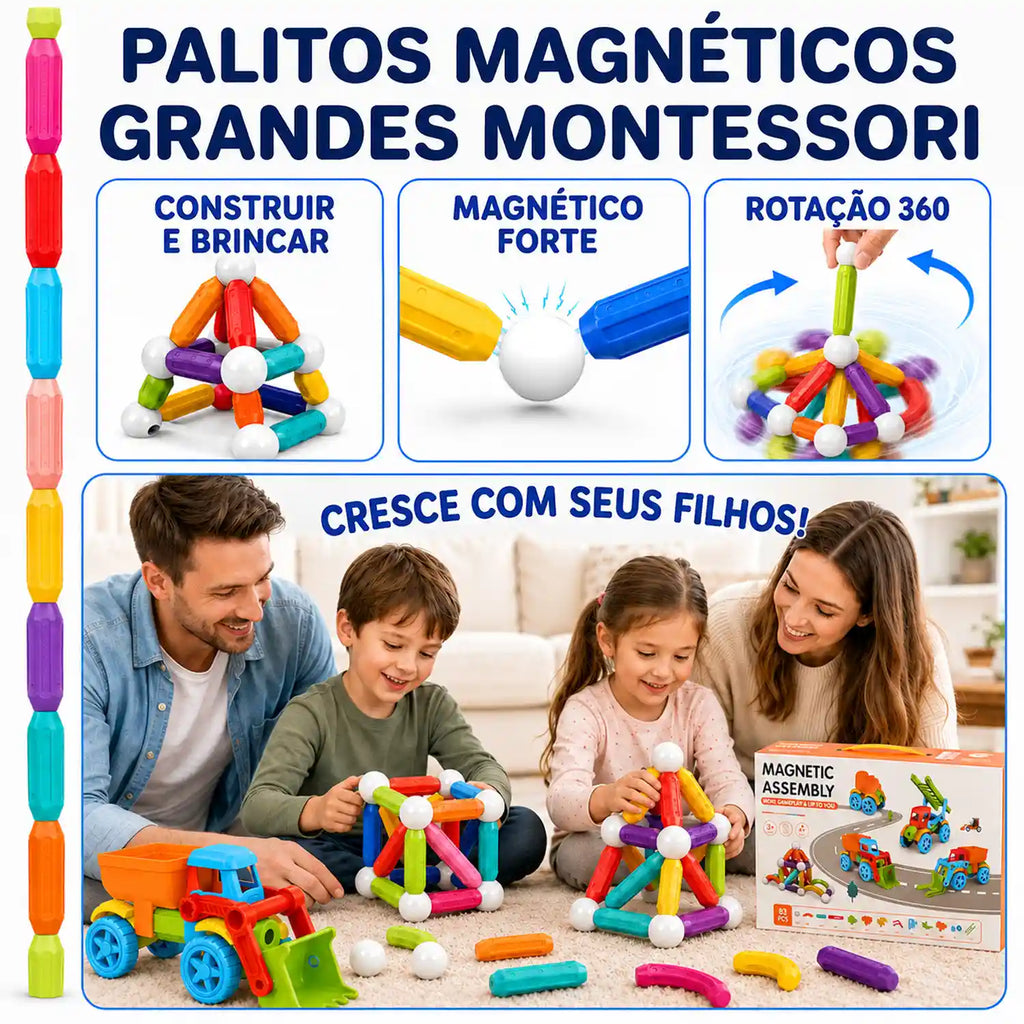 Blocos magnéticos de 83 peças com torre vertical de peças e família montando diferentes formas sobre a mesa.
