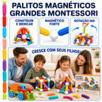 Blocos magnéticos de 83 peças com torre vertical de peças e família montando diferentes formas sobre a mesa.