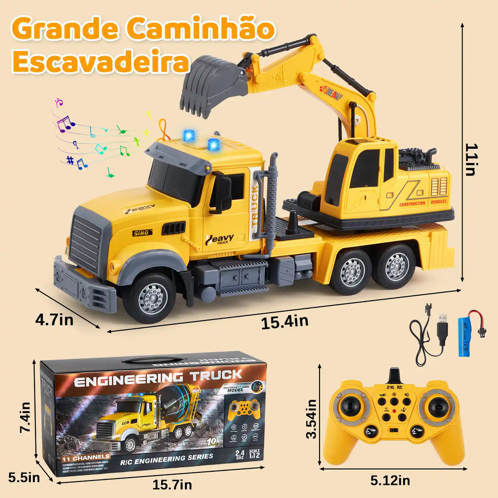 Caminhão escavadeira por controle remoto amarelo em vista lateral com medidas do caminhão, caixa e controle indicadas.