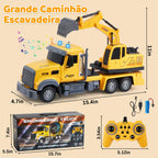 Caminhão escavadeira por controle remoto amarelo em vista lateral com medidas do caminhão, caixa e controle indicadas.